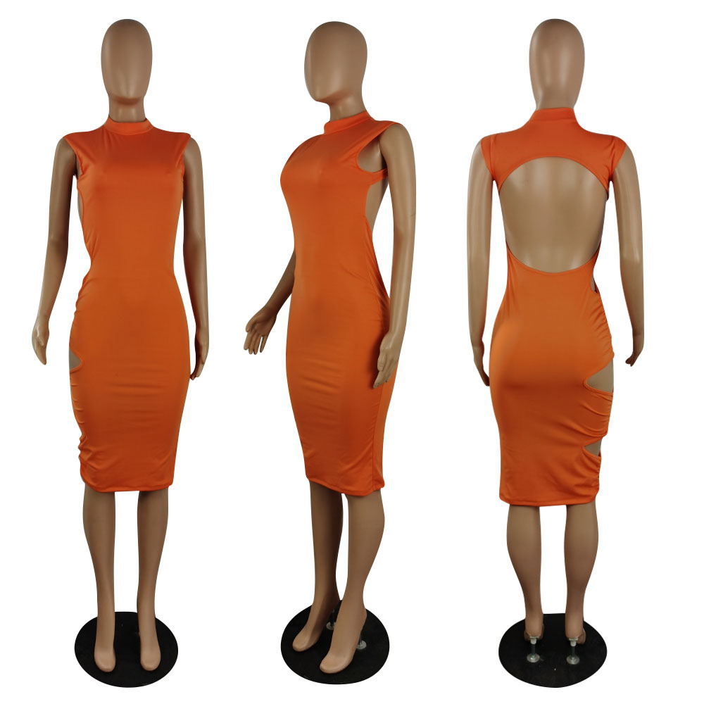Sexy Solid Sleeveless Backless Hollow Midi Dress