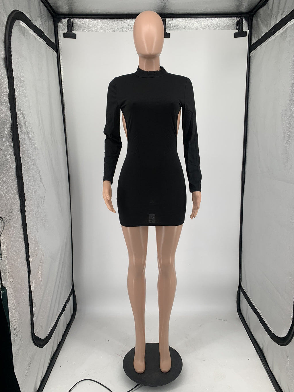 Sexy Solid Backless Long Sleeve Slim Mini Dress