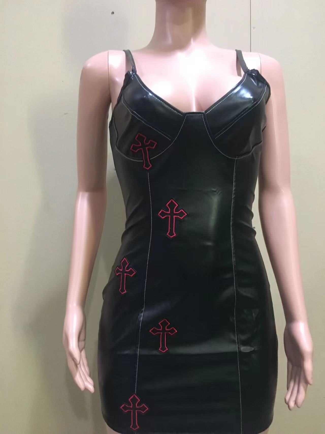 Sexy PU Leather Night Club Sling Mini Dress