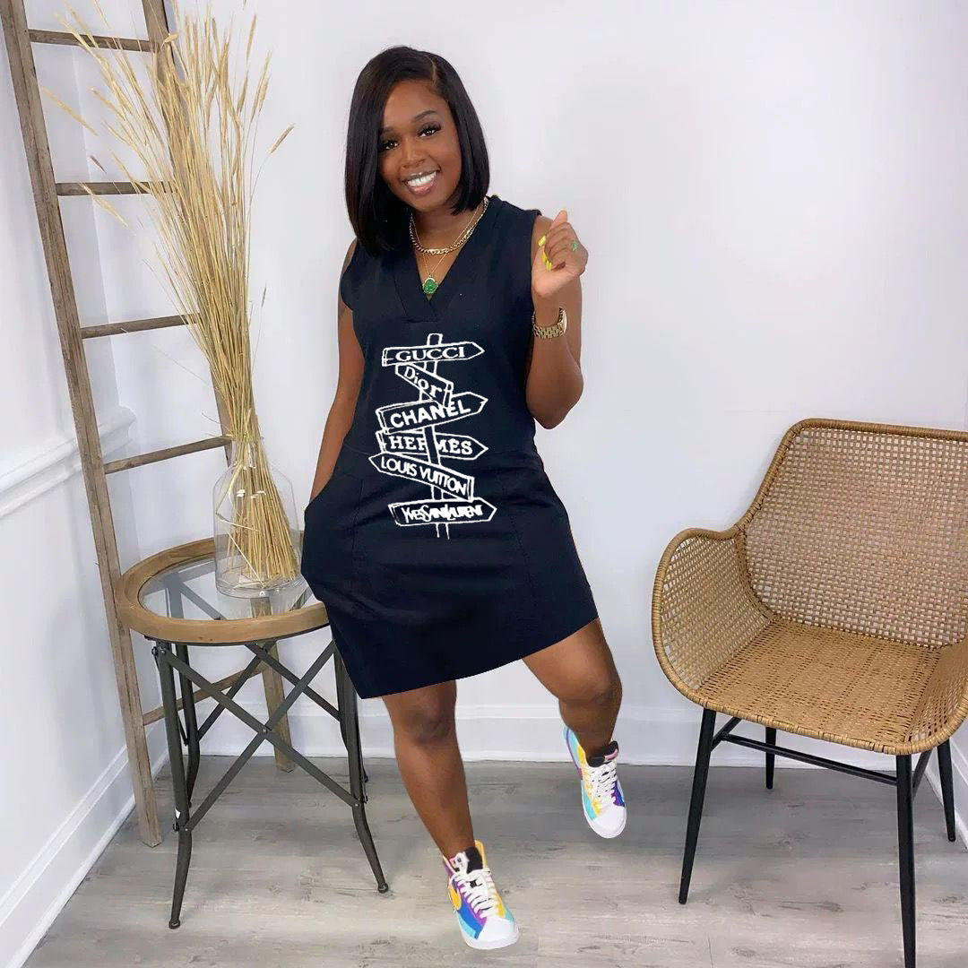 Sexy Plus Size Letter V Neck Sleeveless Casual Dress