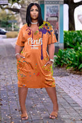 Sexy Plus Size Pink Letter Ink Jet Print V Neck Loose Dress