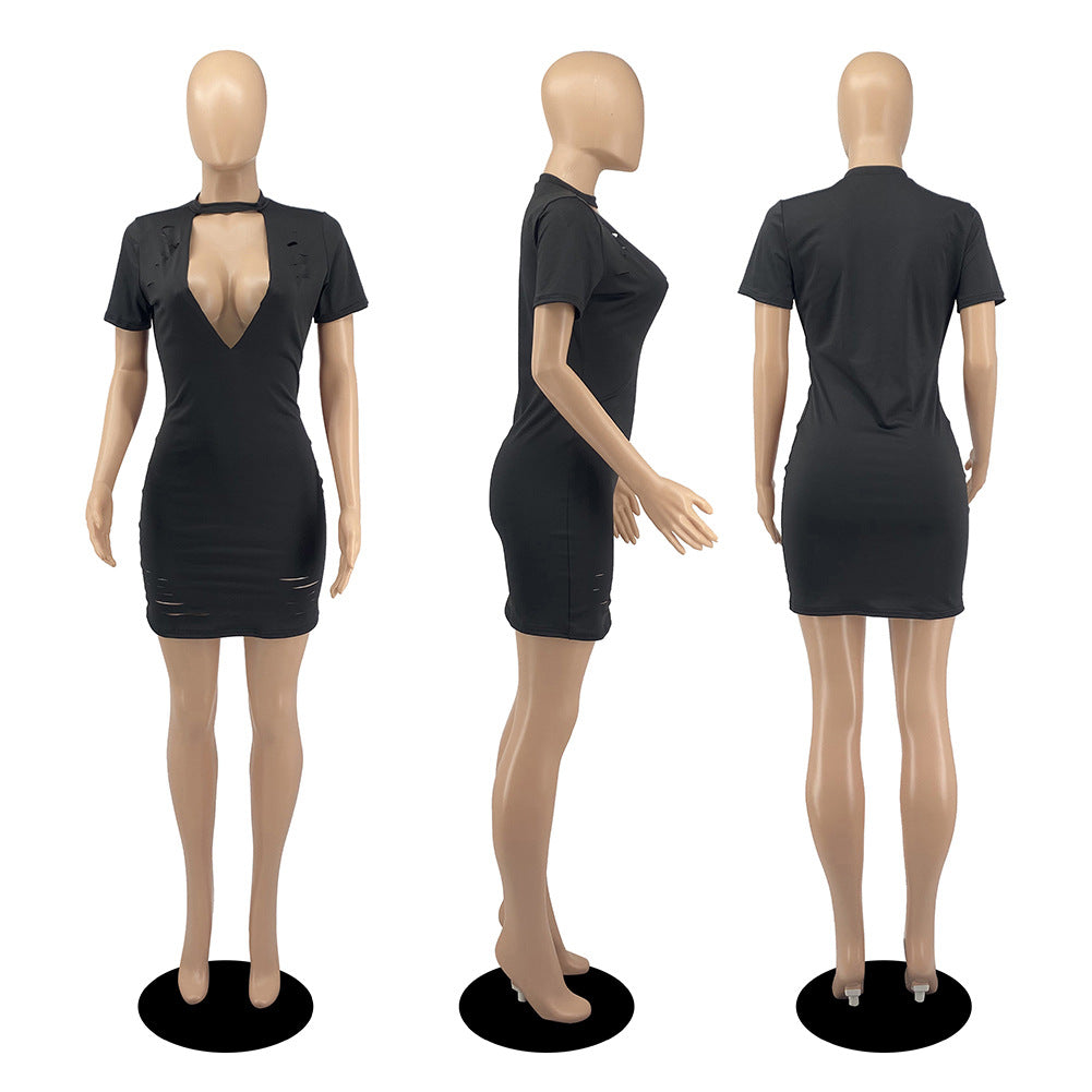 Sexy Solid V Neck V Neck Hole Mini Dress