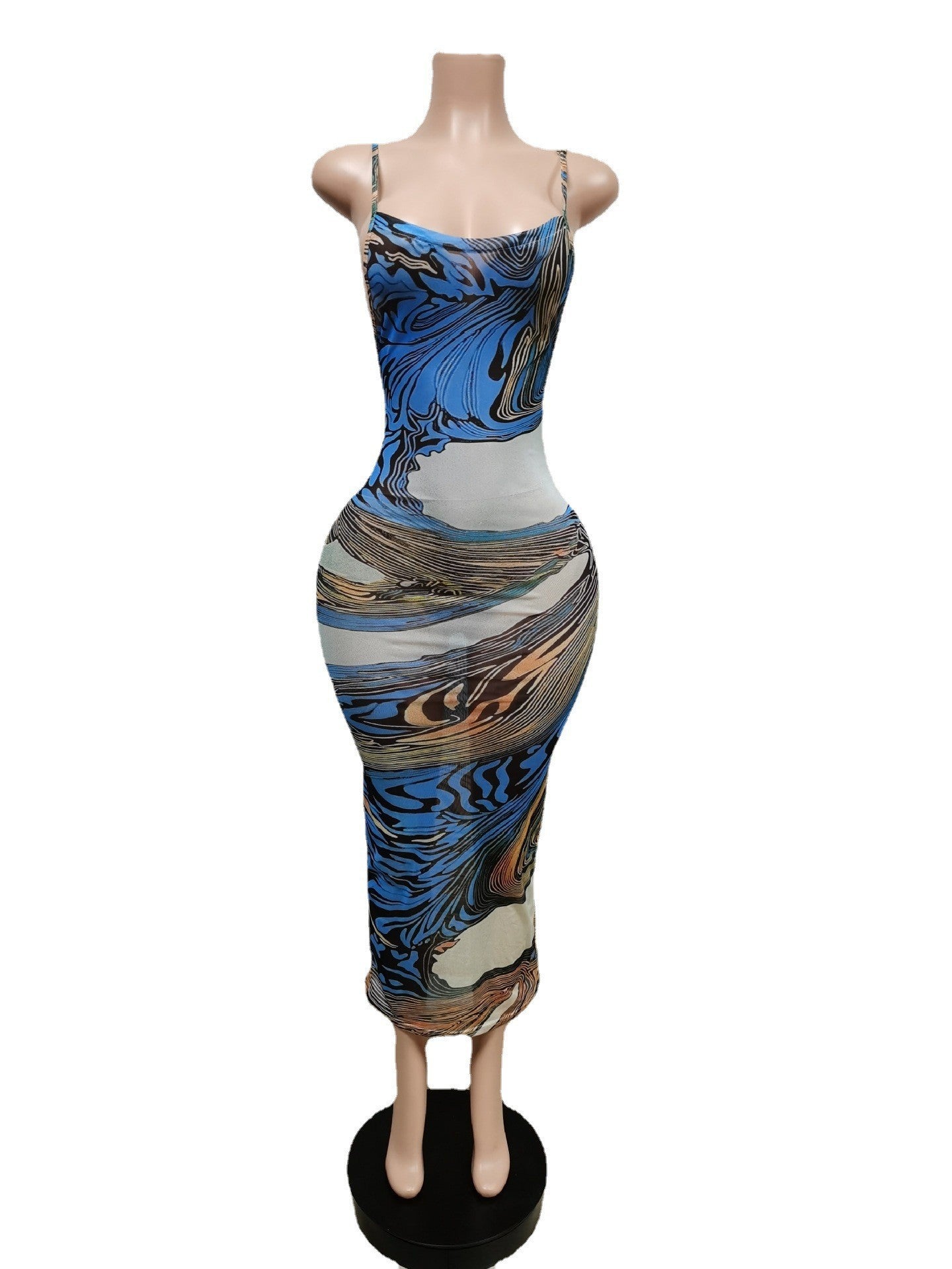 Sexy Sexy Printed Backless Mesh Sling Maxi Dress