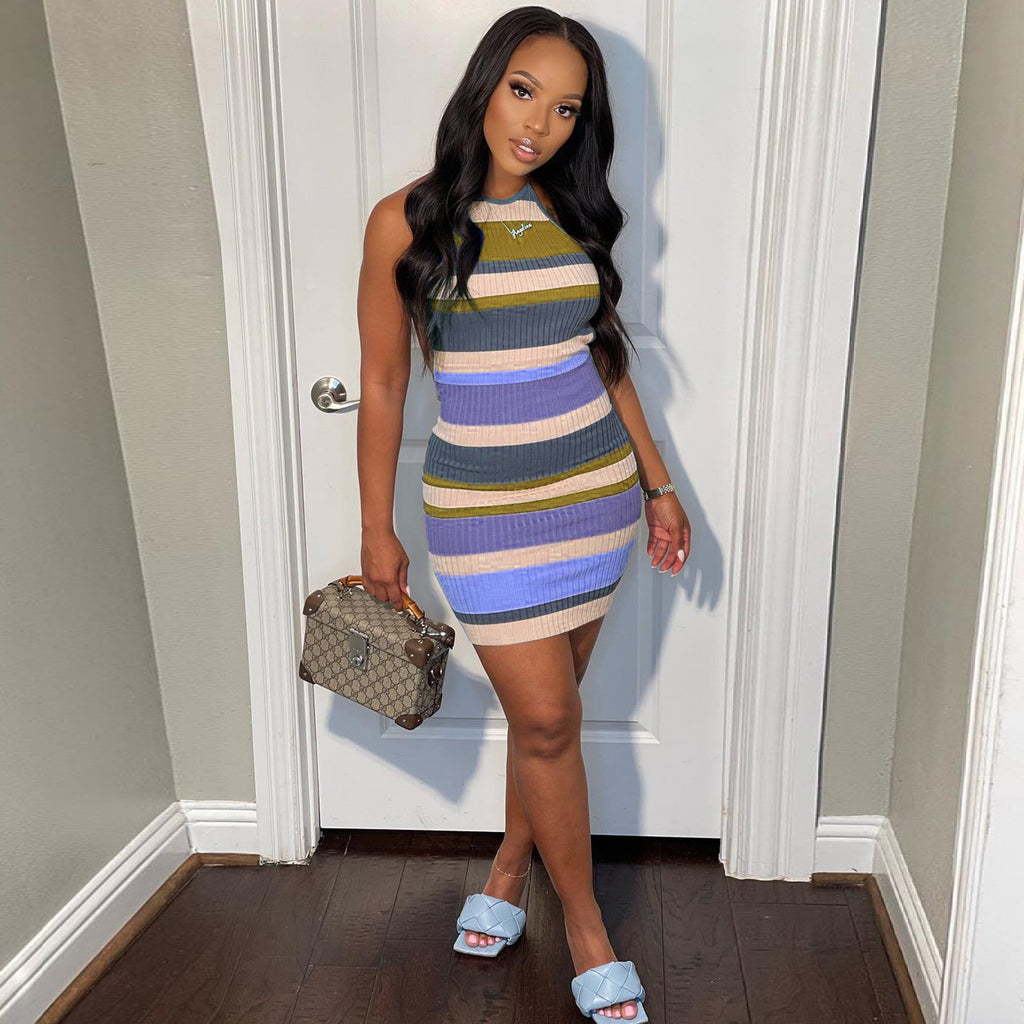 Sexy Colorful Striped Backless Cross Strap Mini Dress