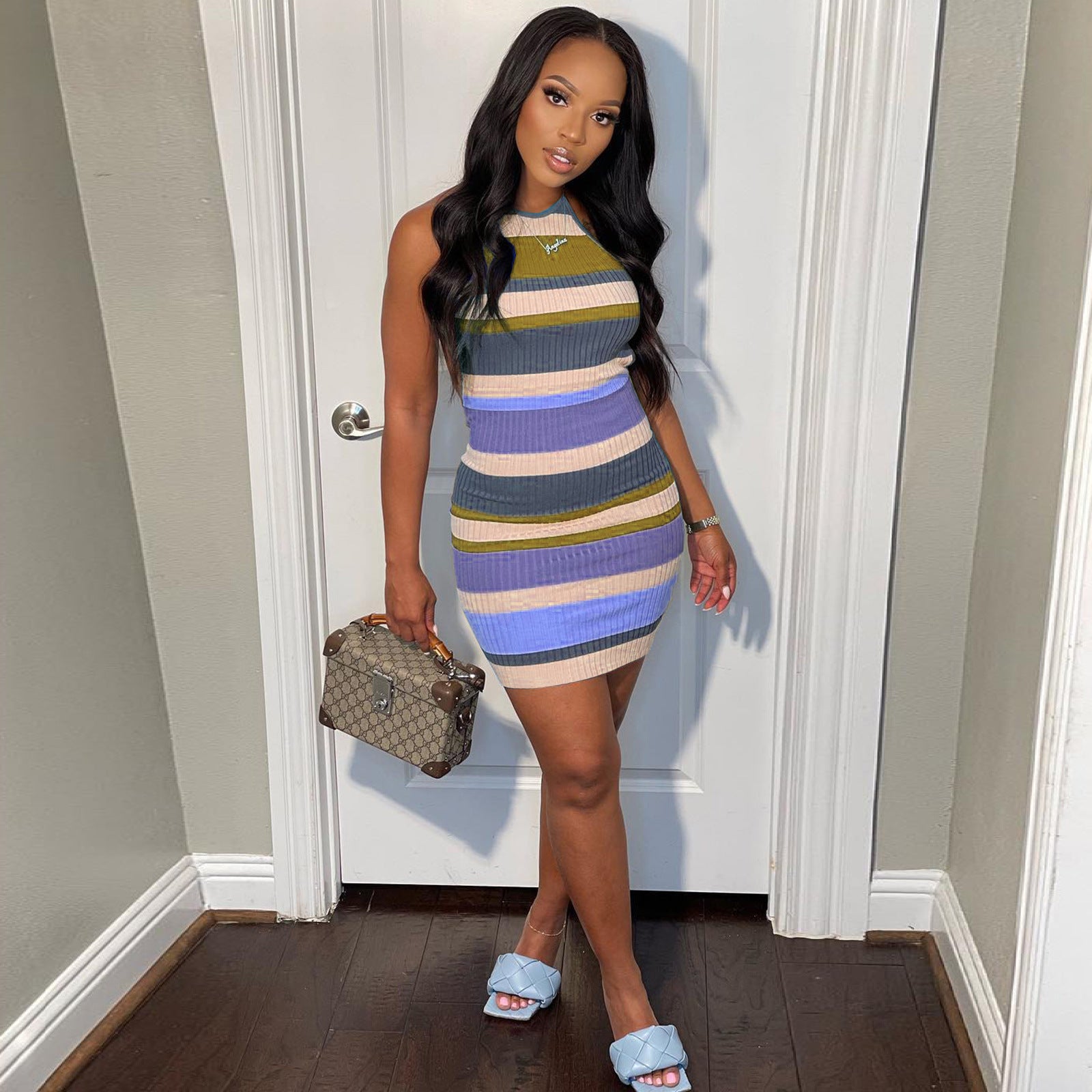 Sexy Colorful Striped Backless Cross Strap Mini Dress