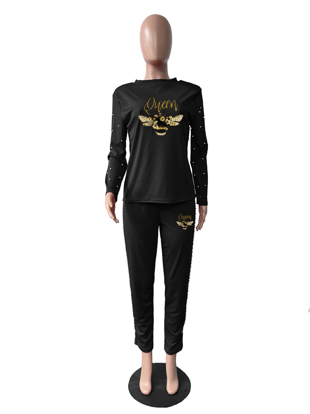 Sexy Plus Size Pearl Decorated Long Sleeve Pants Print 2 Piece Set