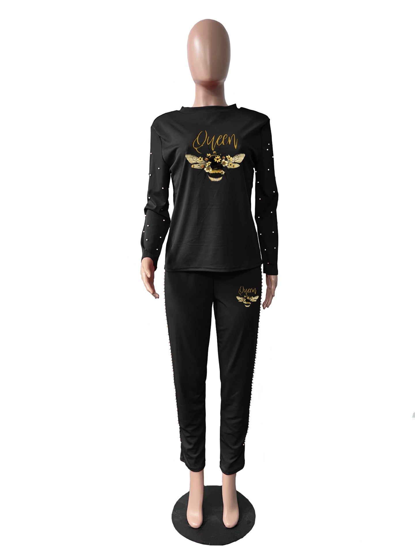 Sexy Plus Size Pearl Decorated Long Sleeve Pants Print 2 Piece Set