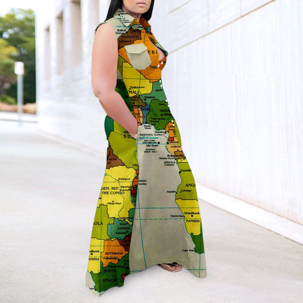 Sexy Plus Size Map Print Sleeveless Maxi Dress