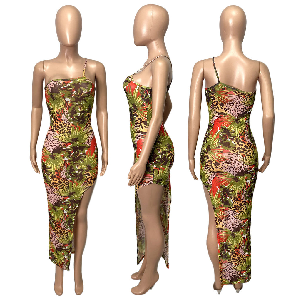 Sexy Sexy Printed One Shoulder Split Maxi Dress