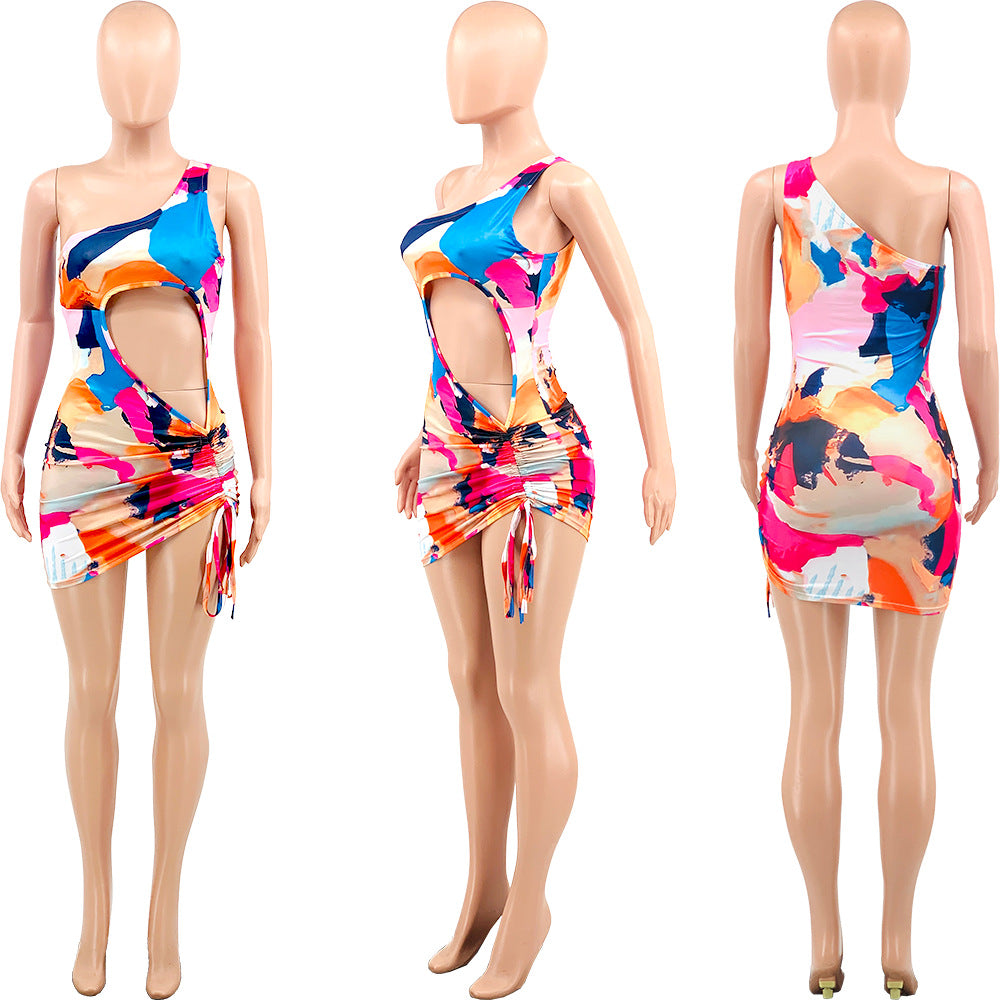 Sexy Sexy Printed One Shoulder Drawstring Hollow Mini Dress
