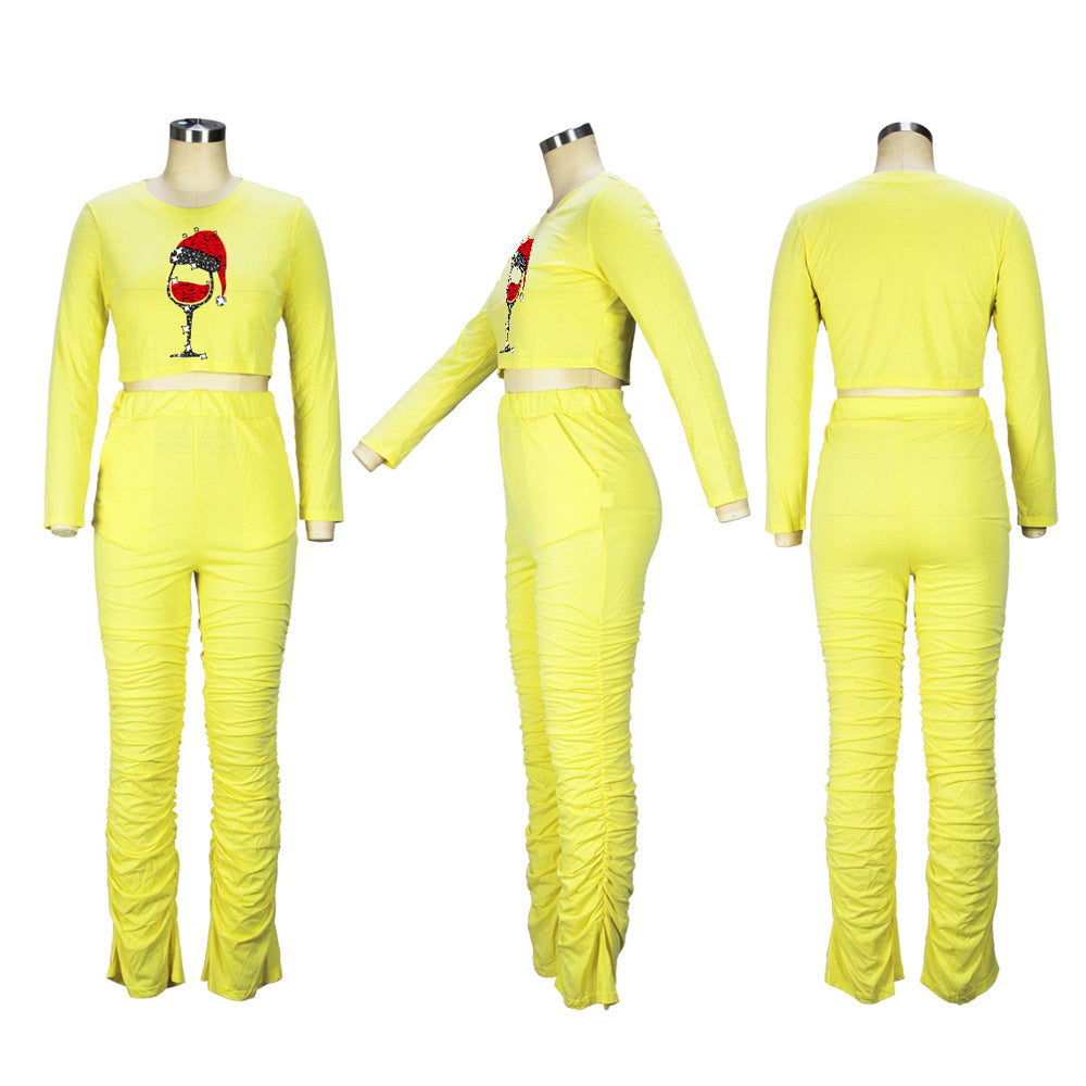Sexy Fashion Print Long Sleeve Ruched Pant Two Piece Set
