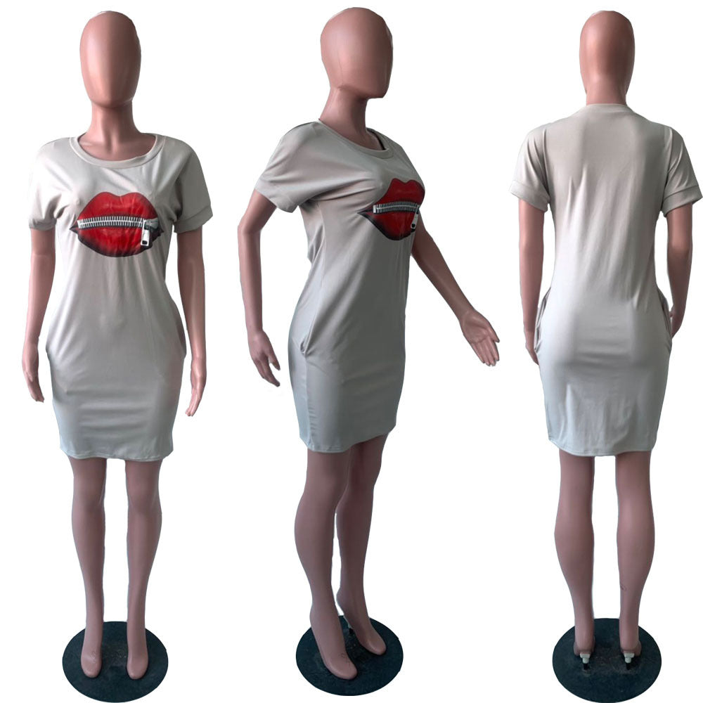 Sexy Lip Print Casual Short Sleeve Dress
