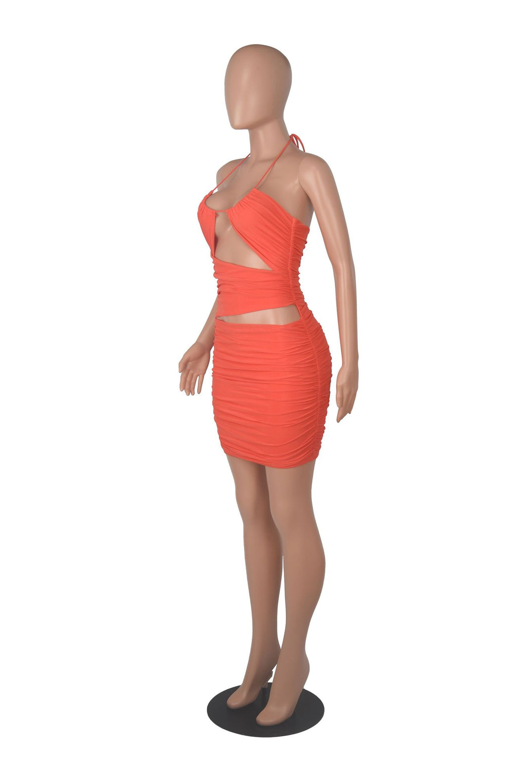 Sexy Solid Halter Hollow Out Ruched Mini Dress
