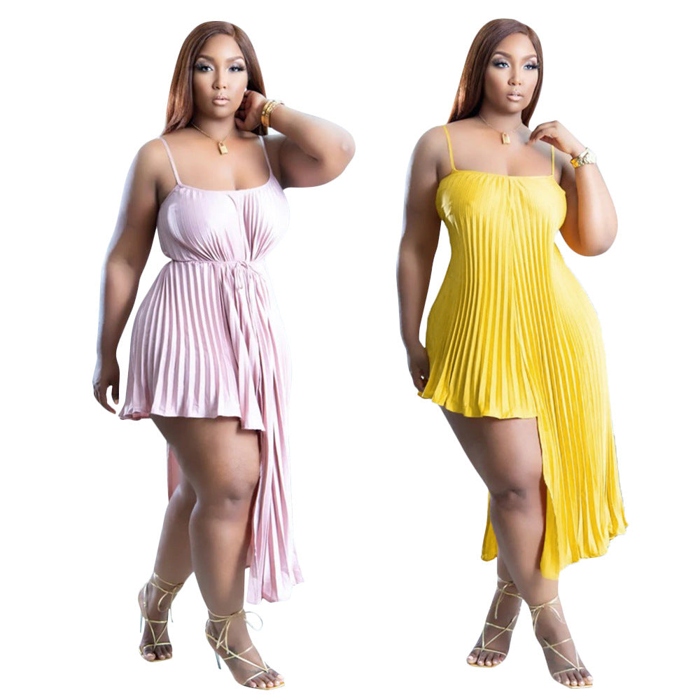 Sexy Plus Size Pleated Irregular Sling Long Dress