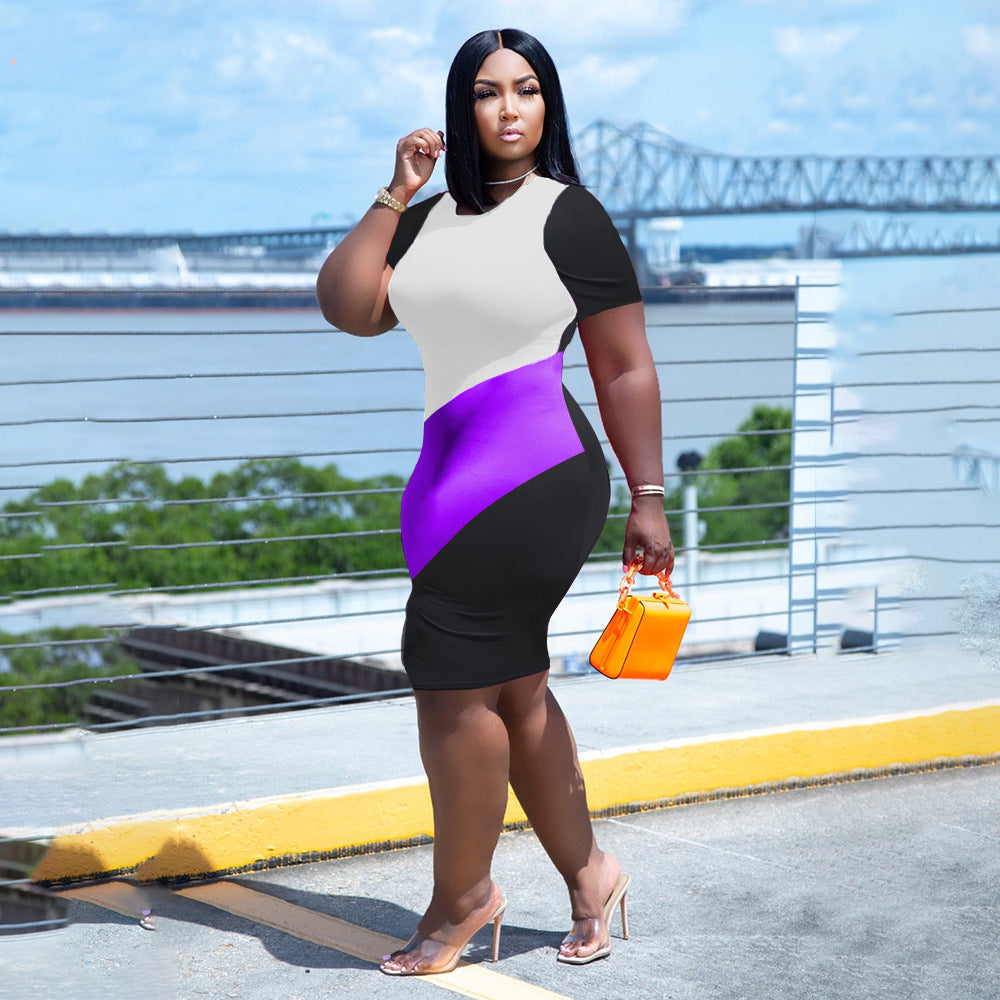 Sexy Plus Size Contrast Color Short Sleeve Bodycon Dress