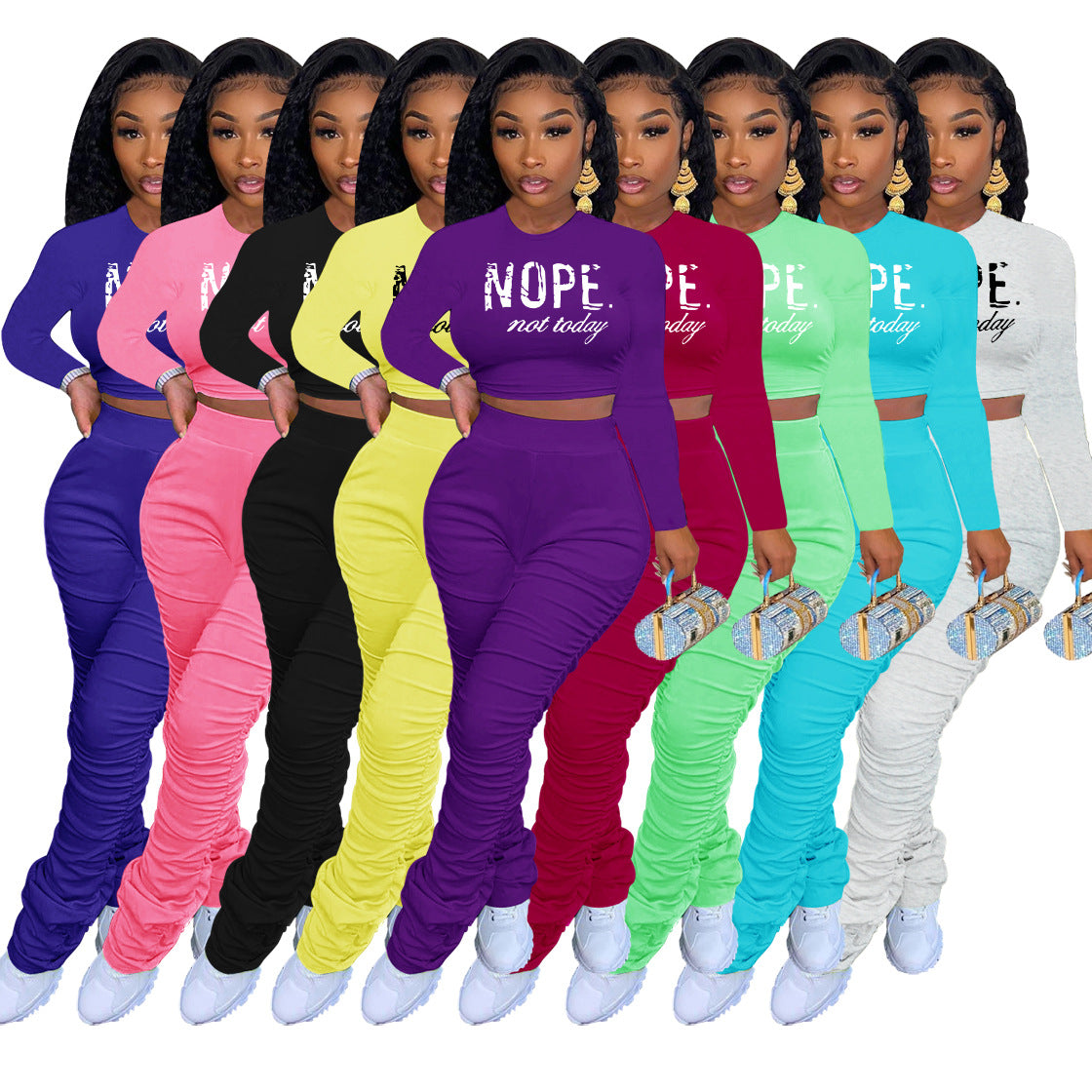 Sexy Letter Print T Shirt And Pleated Stacked Pant 2 Piece Set