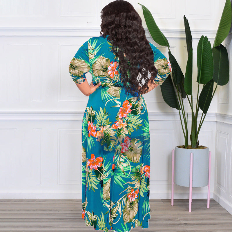 Sexy Plus Size Floral Print Sashes Maxi Dress