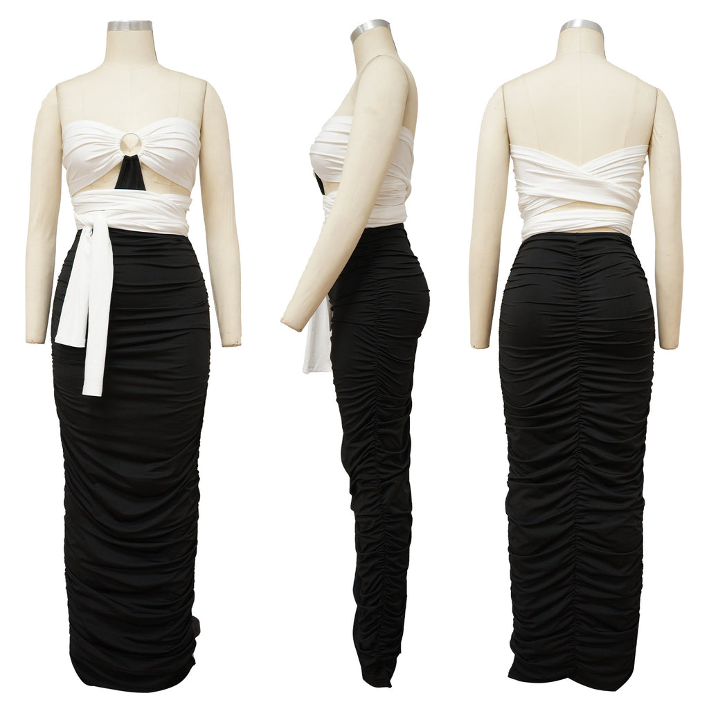 Sexy Slim Contrast Ruched Maxi Dress