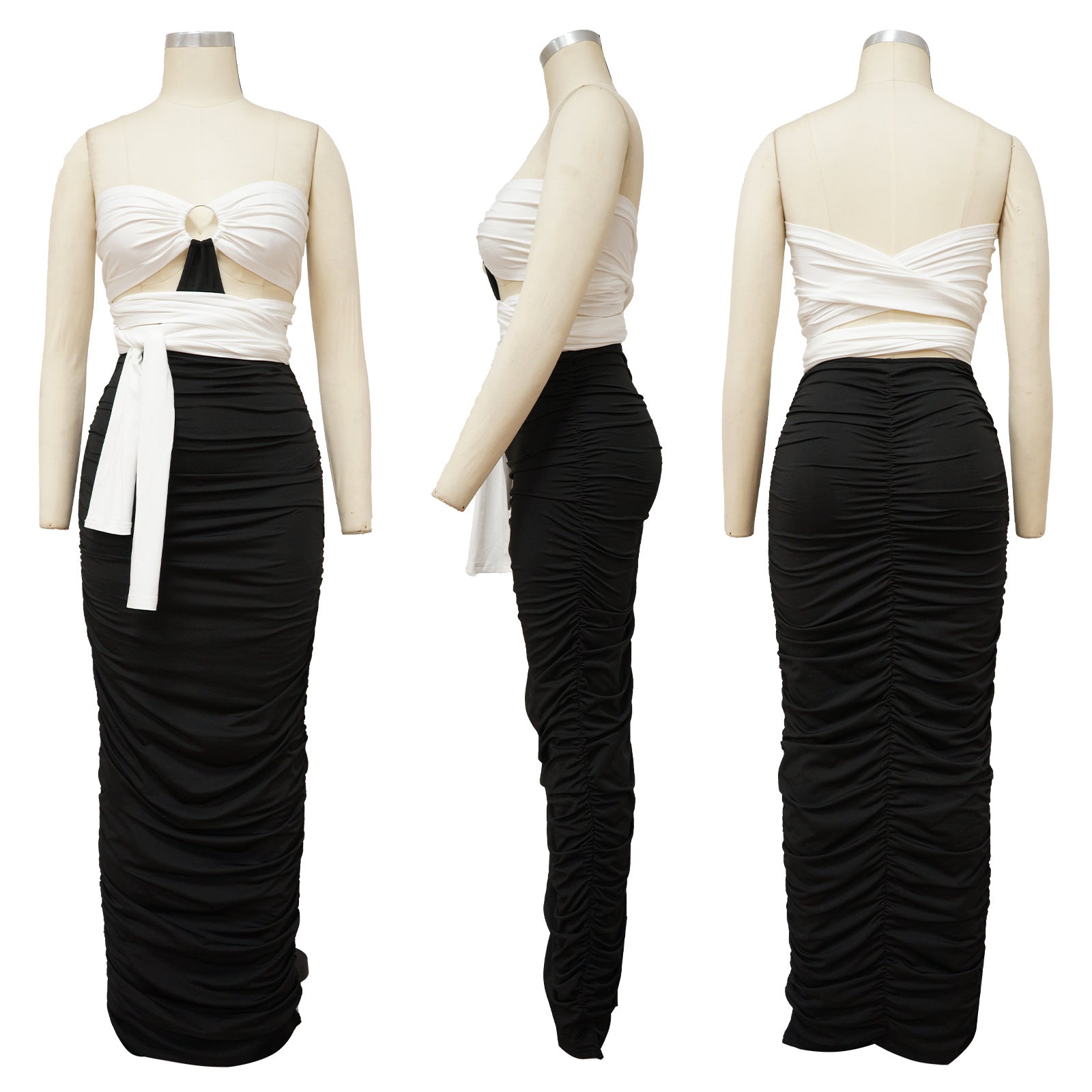 Sexy Slim Contrast Ruched Maxi Dress